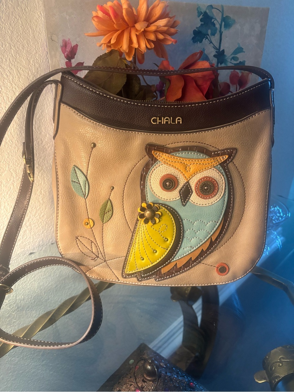 Vintage New Like Chala Beige and Brown Crossbody with Colorful Owl Accent